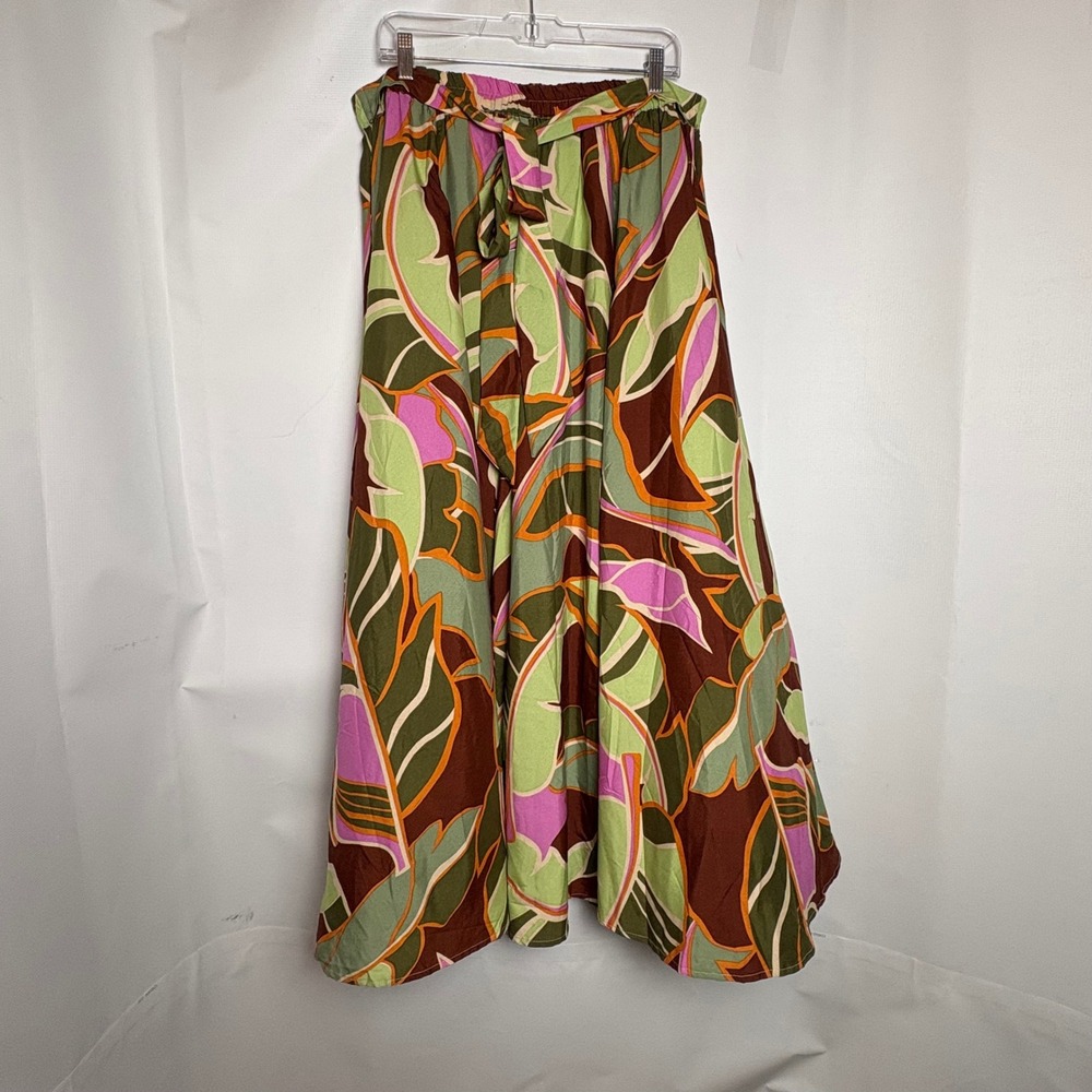 Cato Large Green Brown‎ Tropical Floral Leaf Maxi Skirt Elastic Waist Tie Front